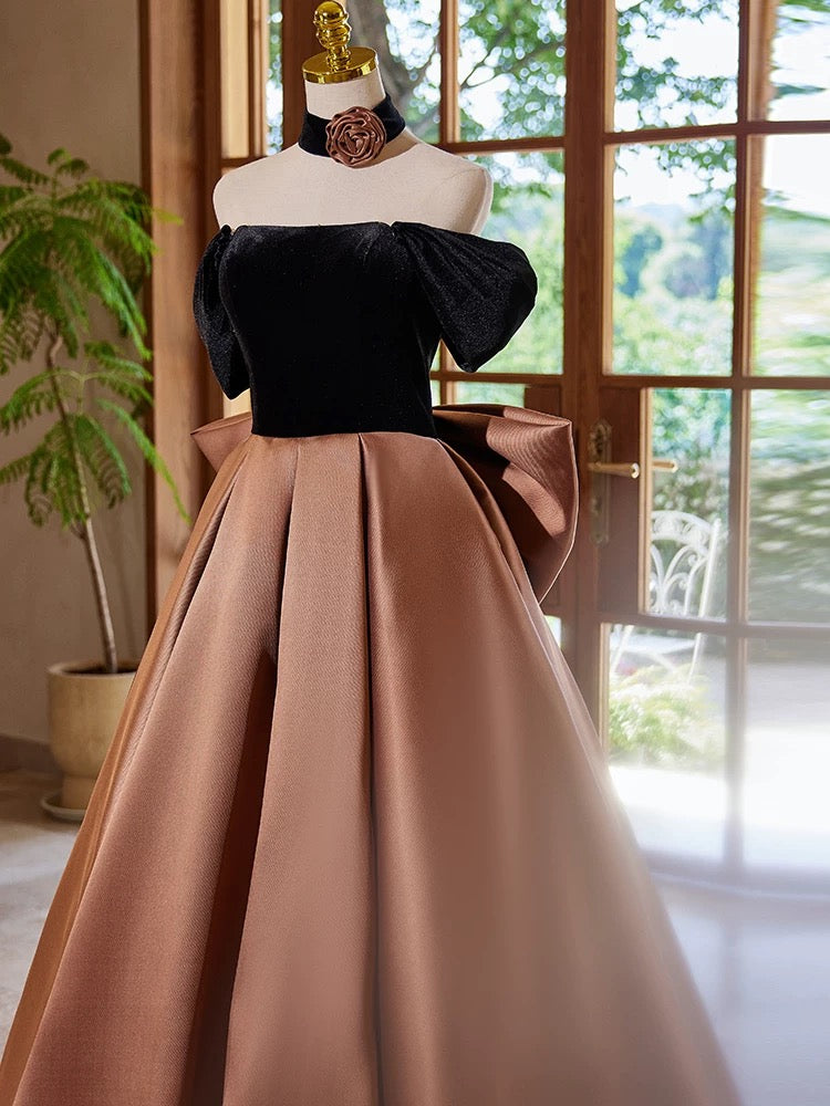 A-Line Off Shouder Satin Brown Long Prom Dress, Brown Long Formal Dres toptby A-Line Off Shouder Satin Brown Long Prom Dress, Brown Long Formal Dres toptby