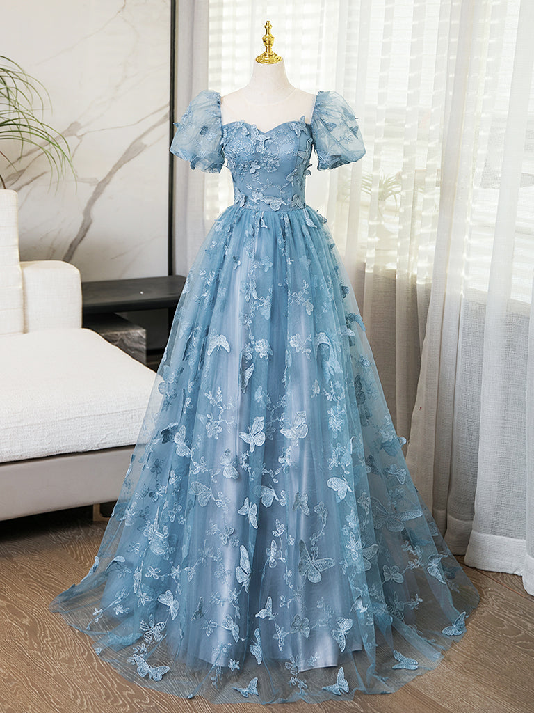 A-Line Puff Sleeves Lace Gray Blue Long Prom Dress, Gray Blue Formal D toptby A-Line Puff Sleeves Lace Gray Blue Long Prom Dress, Gray Blue Formal D toptby