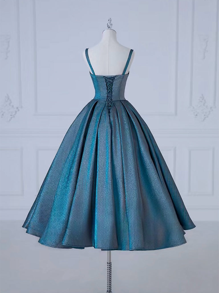 A-Line Sweetheart Neck Satin Tea Length Blue Prom Dress, Blue Formal Dress A-Line Sweetheart Neck Satin Tea Length Blue Prom Dress, Blue Formal Dress