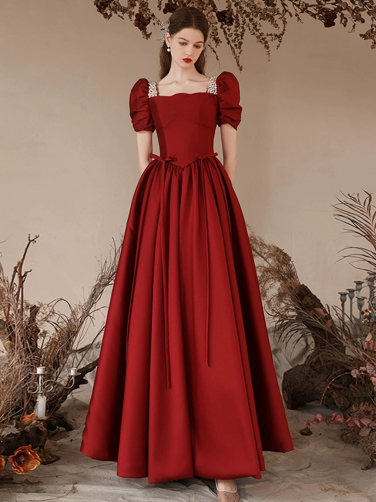 A-Line Satin Burgundy Long Prom Dress, puff sleeves Long Burgundy Form   toptby