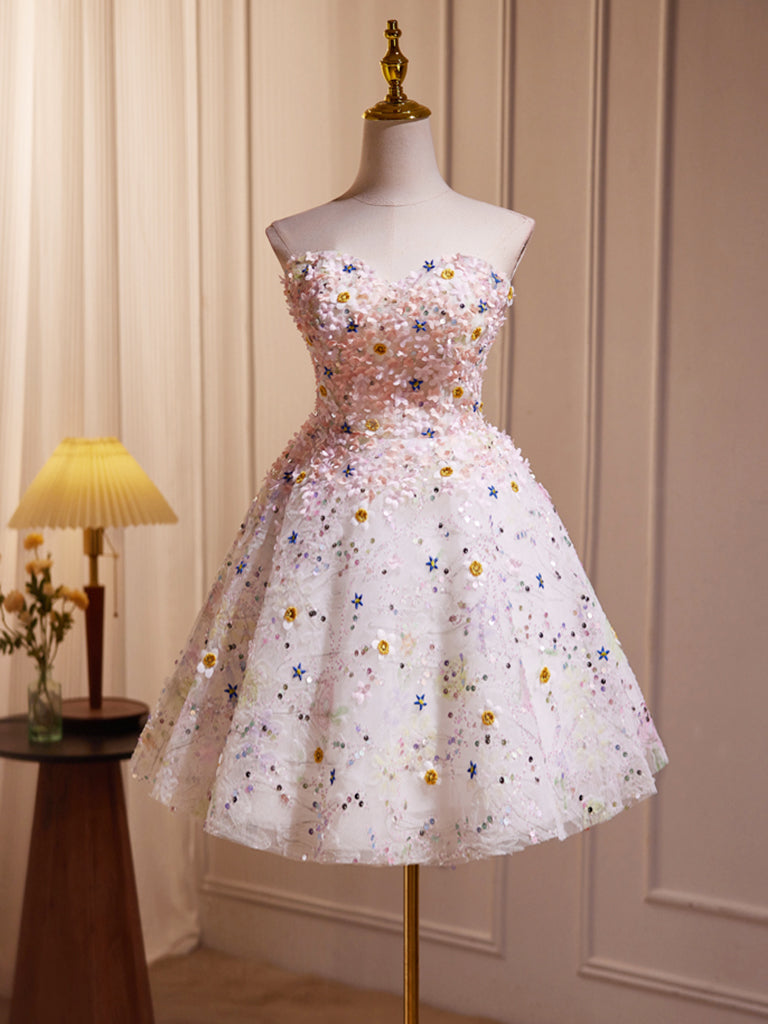 A-Line Cute Sweetheart Neck Flower Short Prom Dress, Flower Sequin Hom toptby A-Line Cute Sweetheart Neck Flower Short Prom Dress, Flower Sequin Hom toptby