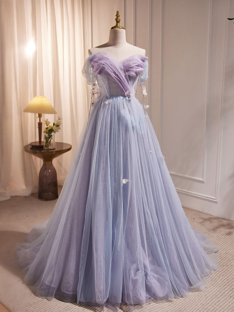 Purple Flowy Grad Dresses Purple A-Line Tulle Long Prom Dress, Off Shoulder Purple Graduation Dress Purple Flowy Grad Dresses Purple A-Line Tulle Long Prom Dress, Off Shoulder Purple Graduation Dress