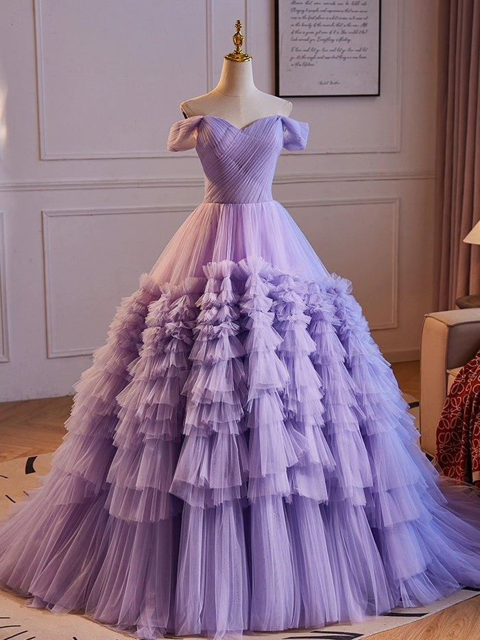 A-Line Off Shoulder Tulle Purple Long Prom Dress, Purple Long Evening Dress