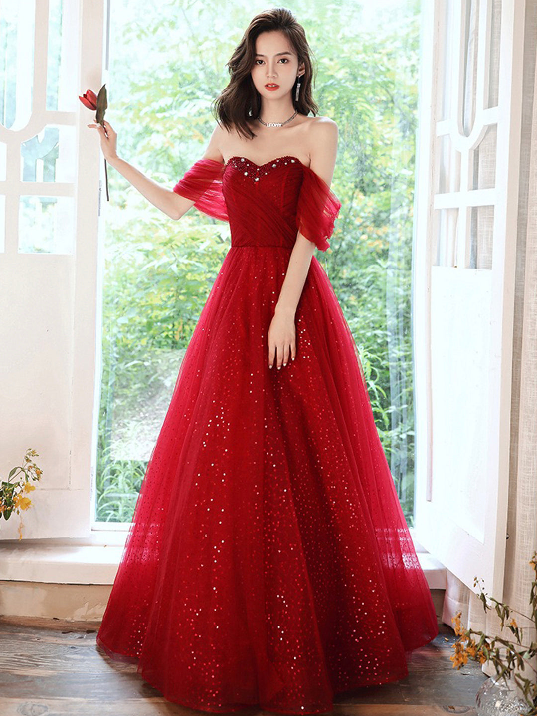 A-Line Off Shoulder Tulle Burgundy Long Prom Dress, Burgundy Long Even toptby A-Line Off Shoulder Tulle Burgundy Long Prom Dress, Burgundy Long Even toptby
