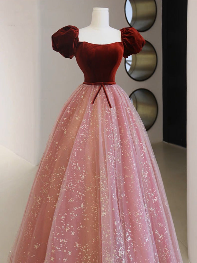 Pink Retro Tea Length Velvet Prom Dress Party Dress, Pink Princess Formal Dress Party Dress