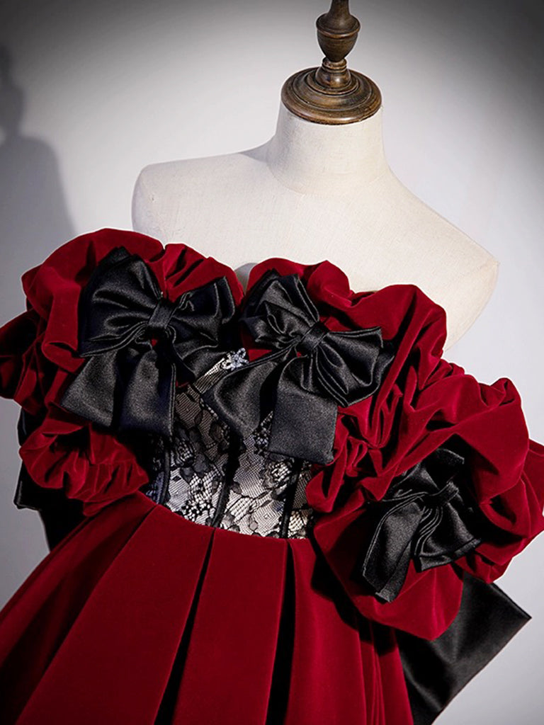 A-Line Off Shoulder Velvet Lace Burgundy Long Prom Dress, Burgundy Lon ...