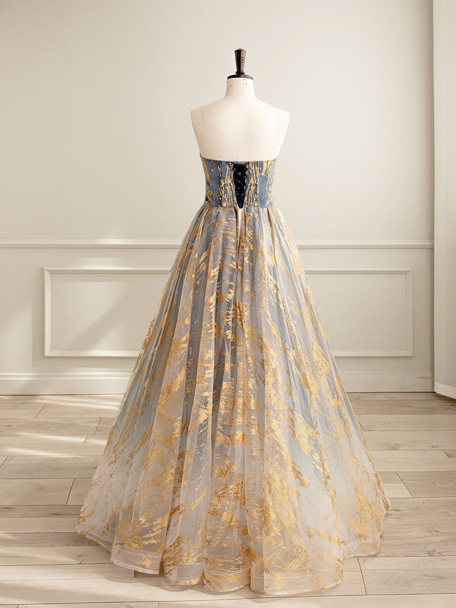 A-Line Tulle Lace Gold/Blue Long Prom Dresses, Tulle Lace Formal Dress   toptby