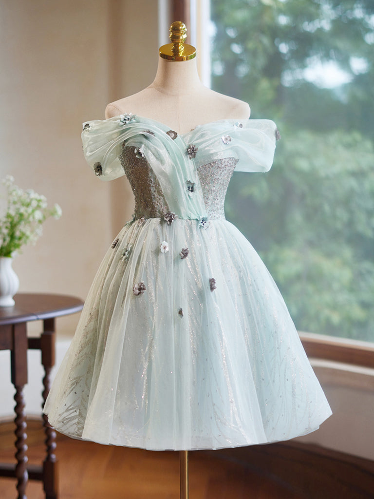 A-Line Off Shoulder Tulle Green Short Prom Dress, Green Homecoming Dre toptby A-Line Off Shoulder Tulle Green Short Prom Dress, Green Homecoming Dre toptby