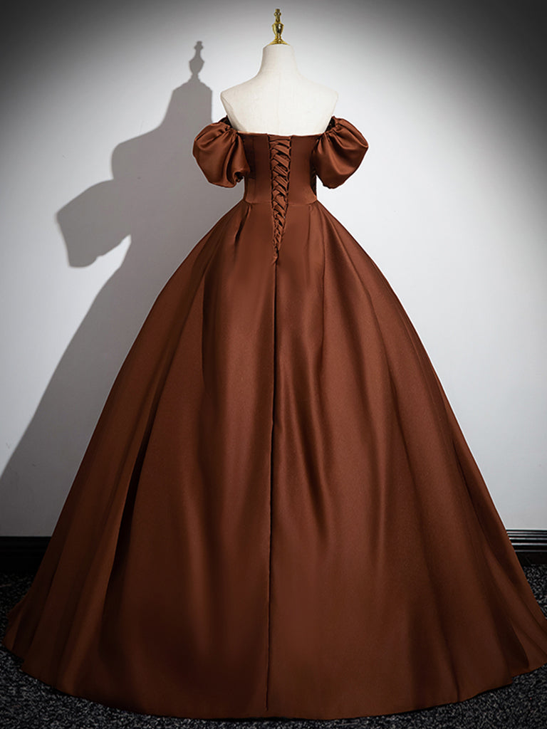 A-Line Puff Sleeves Satin Brown Long Prom Dress, Brown Long Formal Dre