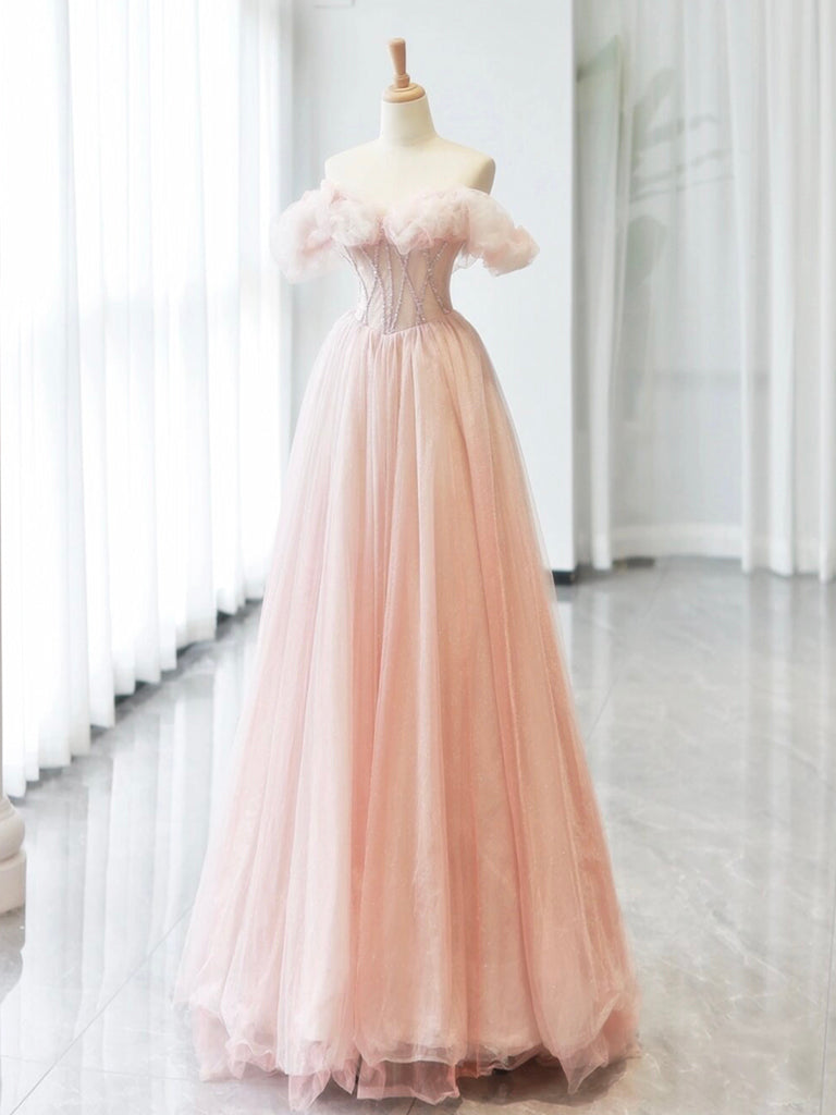 A Line Off Shoulder Tulle Beads Pink Long Prom Dress Pink Tulle Long Toptby 