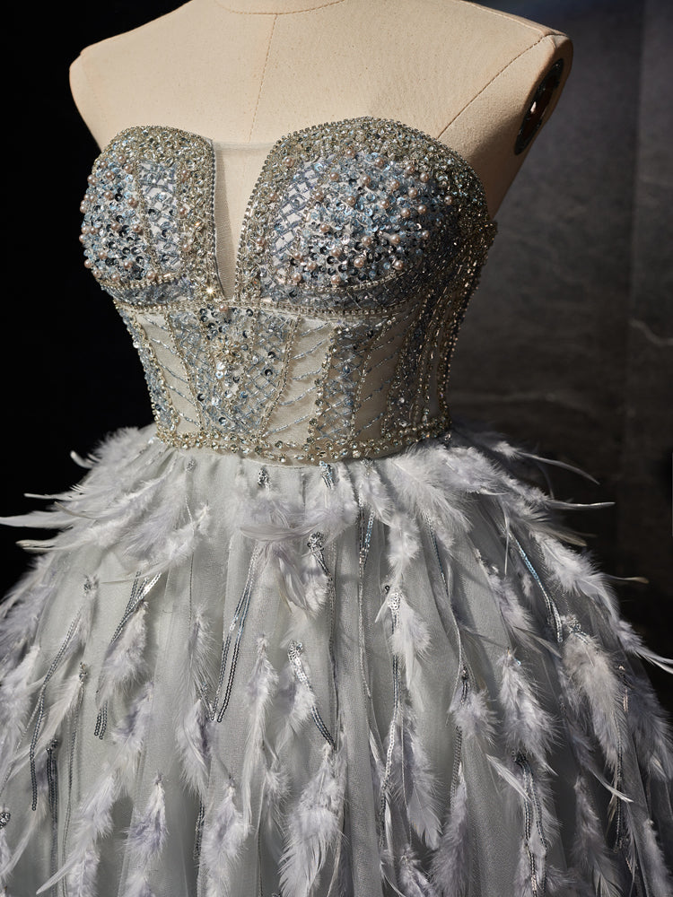Gray Sweetheart Neck Tulle Beads Feather Short Prom Dress, Cute Gray H   toptby