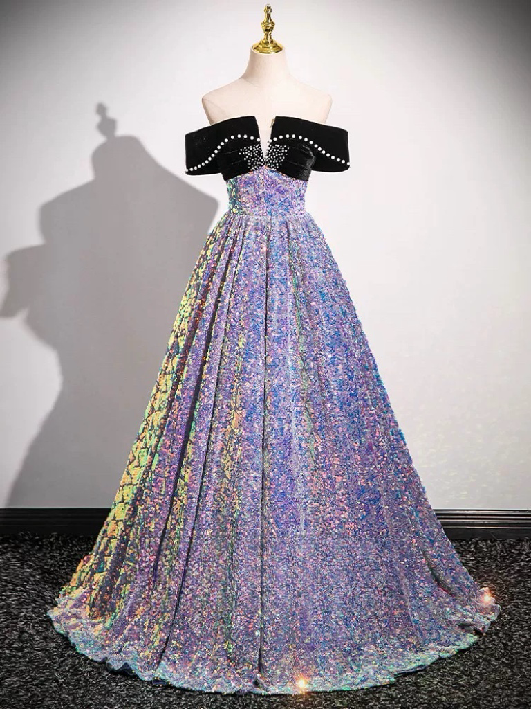 A-Line Off Shoulder Tulle Sequin Blue Purple Long Prom Dress, Sequin Formal Dress