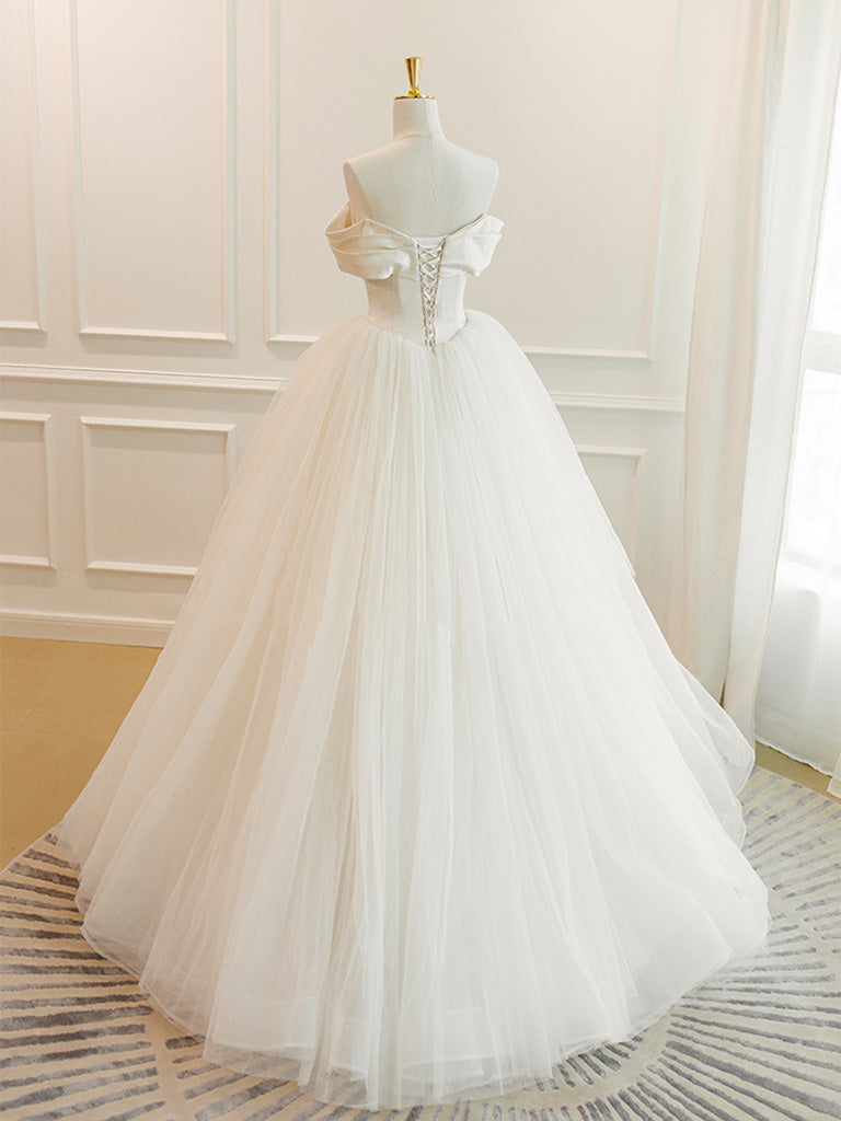 Long A-line Tulle White Prom Dress Off the Shoulder Formal Graduation Evening Dresses