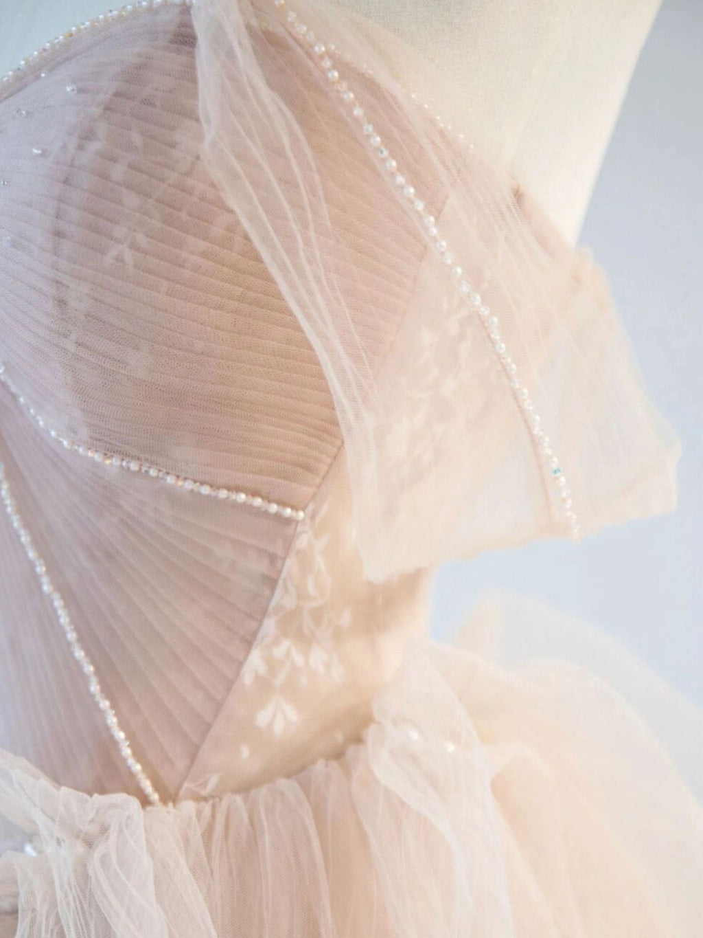 Flower Off The Shoulder Champagne Tulle Prom Dress