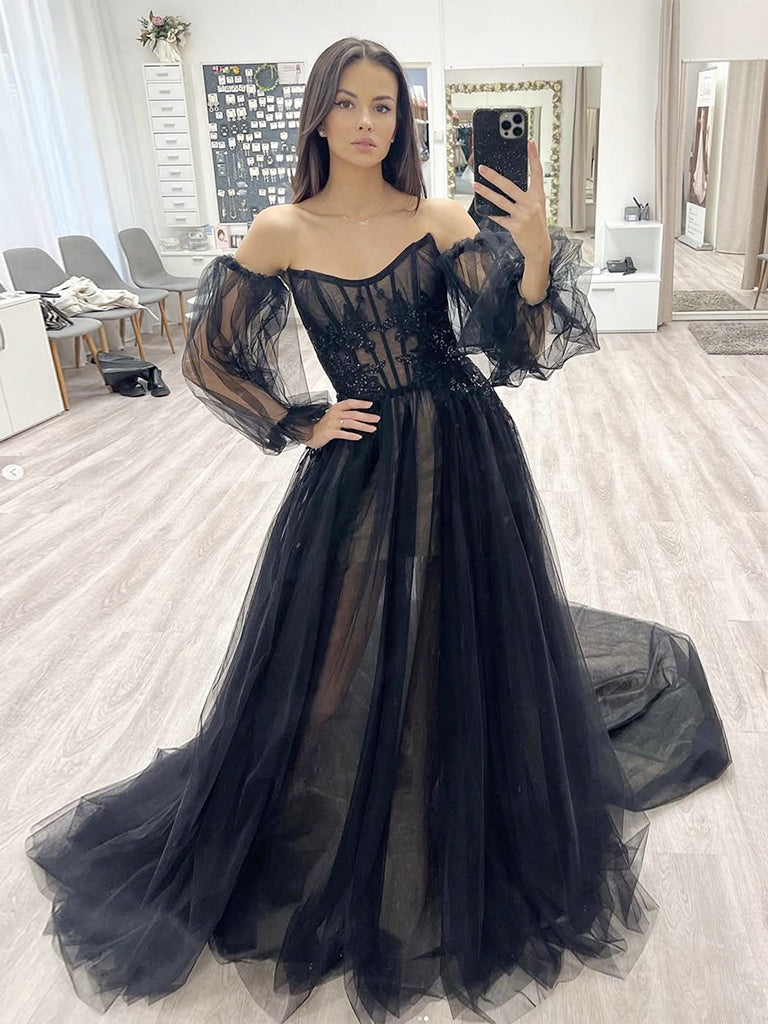 A-Line Long Sleeve Tulle Lace Black Long Prom Dress, Black Long Formal