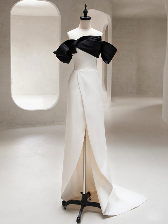 Simple Off Shoulder Satin Black/Beige Long Prom Dress, Black/Beige Long Formal Dress