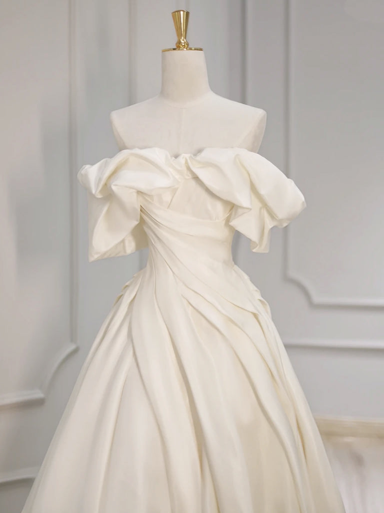 Off Shoulder A-Line Satin Beige Long Prom Dress, Beige Long Formal Dre