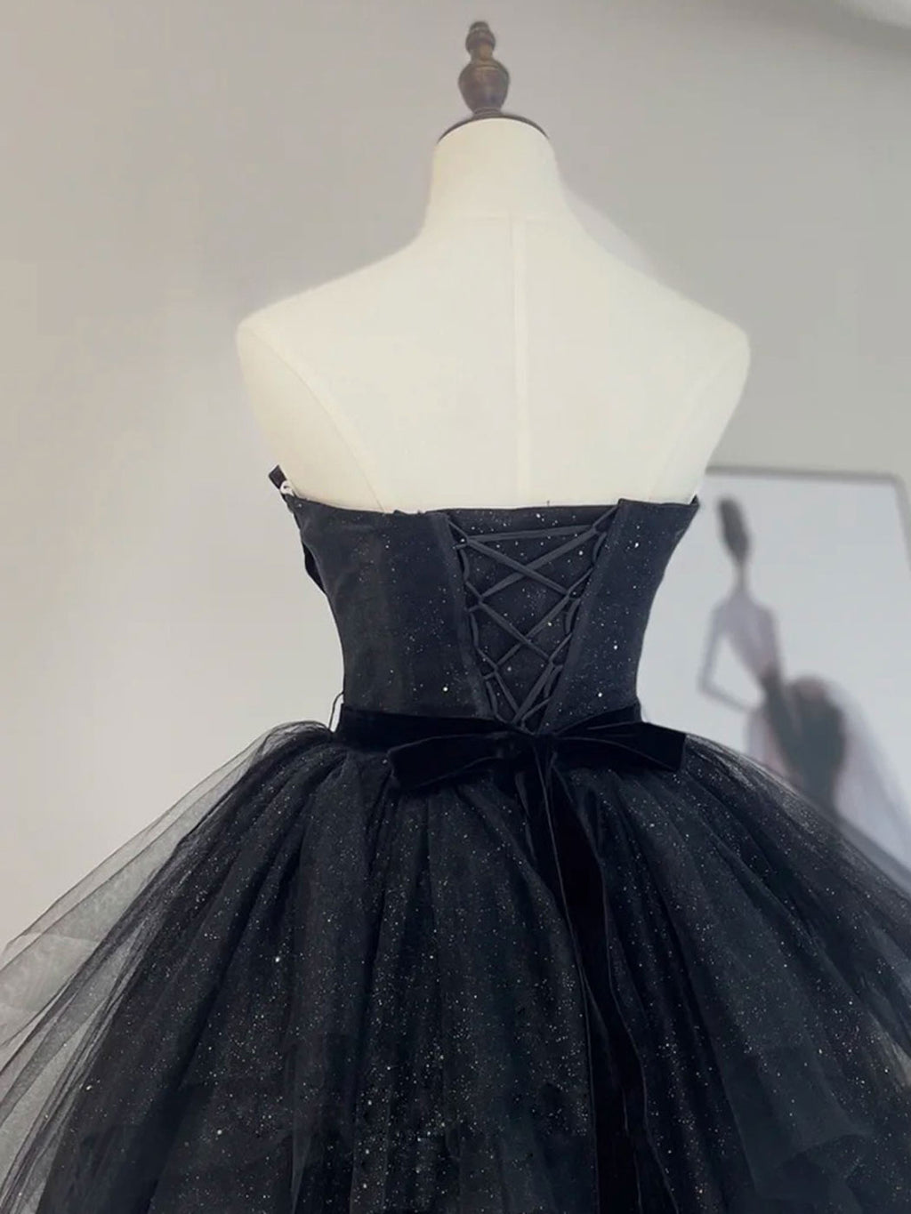 Black A-Line Satin Tulle Long Prom Dresses, Black Formal Black Evening Dress main image 0