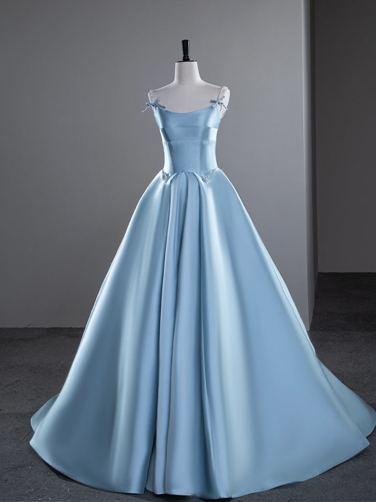 A-Line Satin Blue Long Prom Dress, Blue Long Evening Dress – toptby
