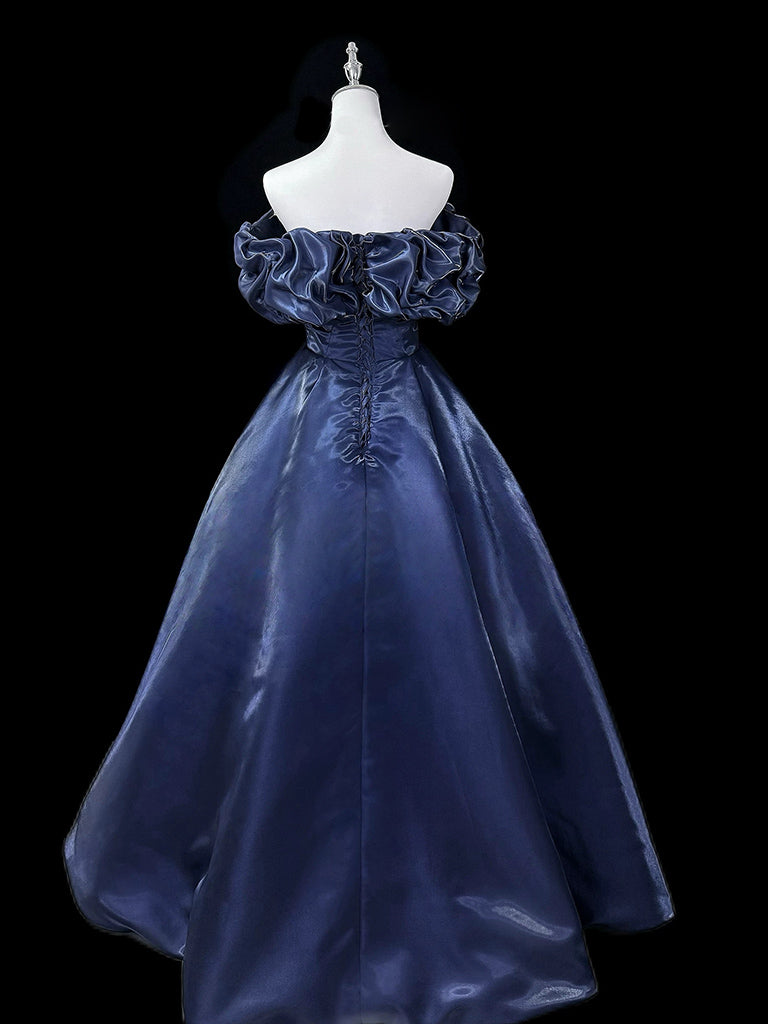 A-Line Off Shoulder Satin Dark Blue Long Prom Dress, Dark Blue Long Fo