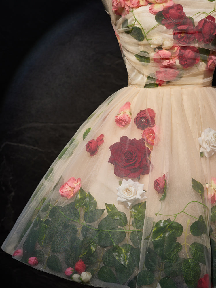 Champagne 3D Flower Tulle Short Prom Dress, Cute Champagne Homecoming   toptby
