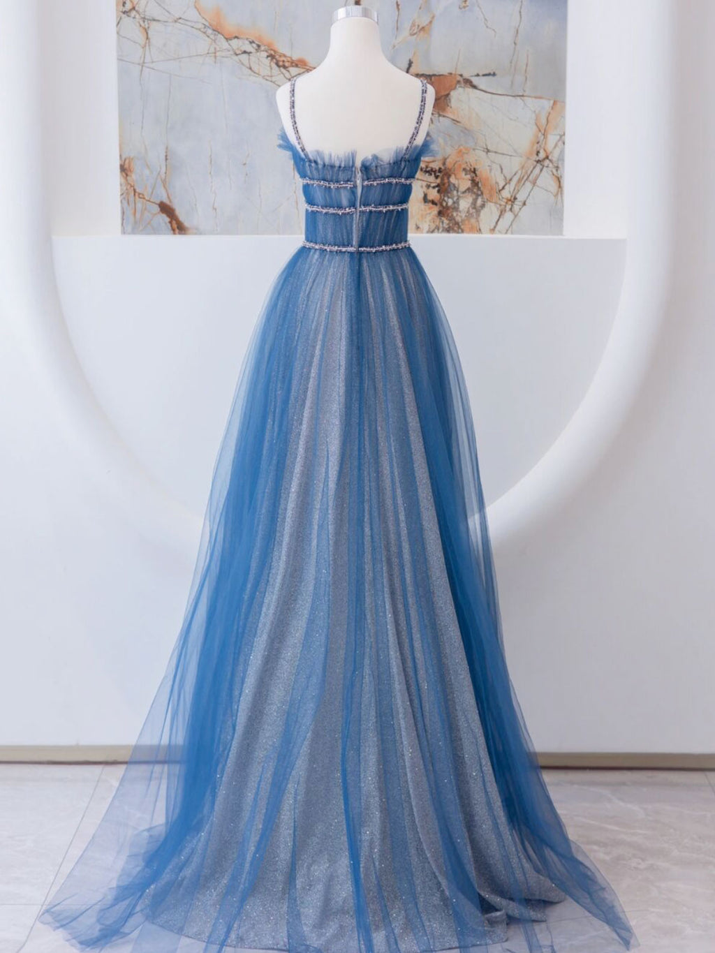 Blue tulle long A line prom dress blue evening dress  10592