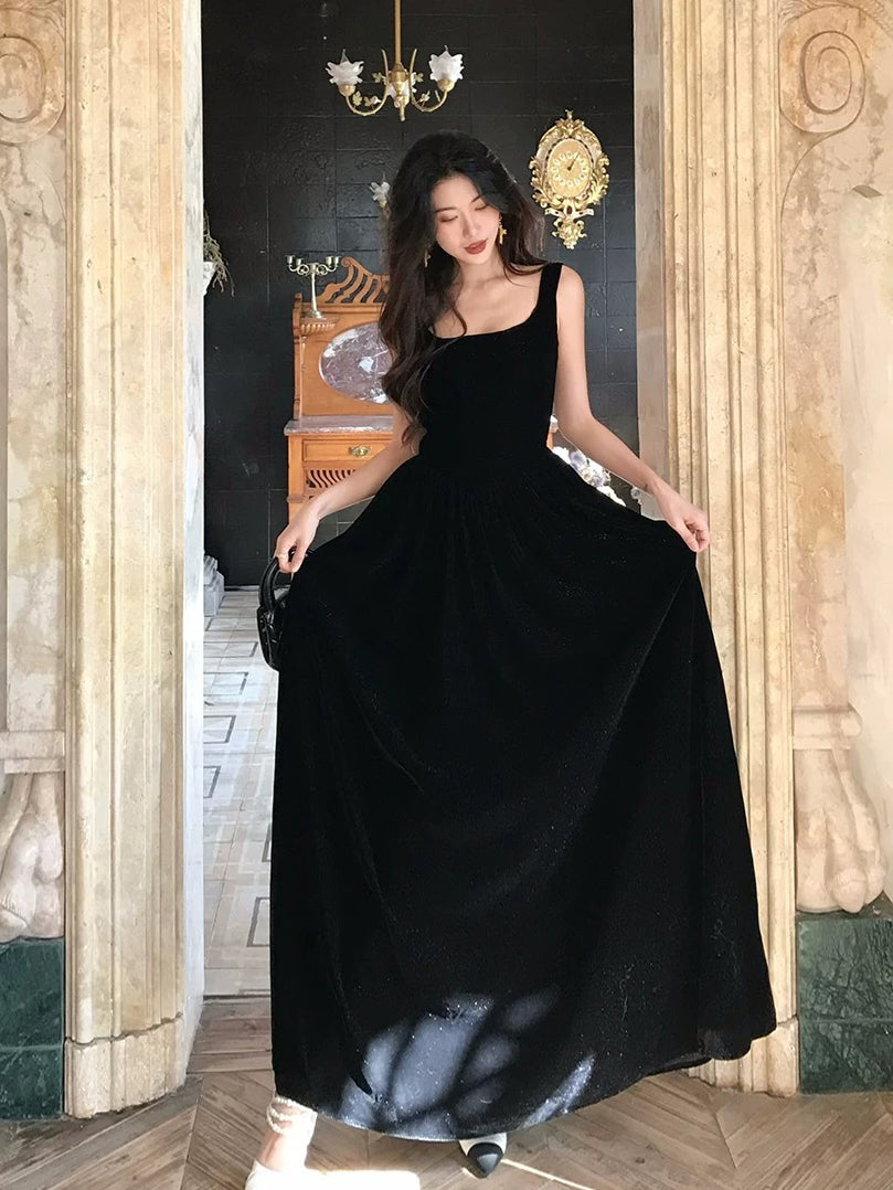 A-Line Velvet Black Long Prom Dress, Black Long Formal Dress A-Line Velvet Black Long Prom Dress, Black Long Formal Dress