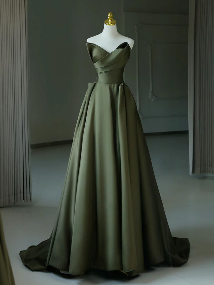 A-Line V Neck Satin Green Long Prom Dress, Green Long Formal Dress