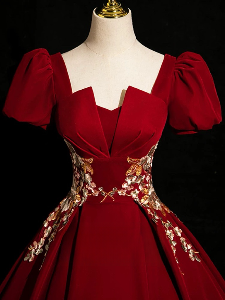 A-Line Short Sleeve Satin Lace Applique Burgundy Long Prom Dress  toptby