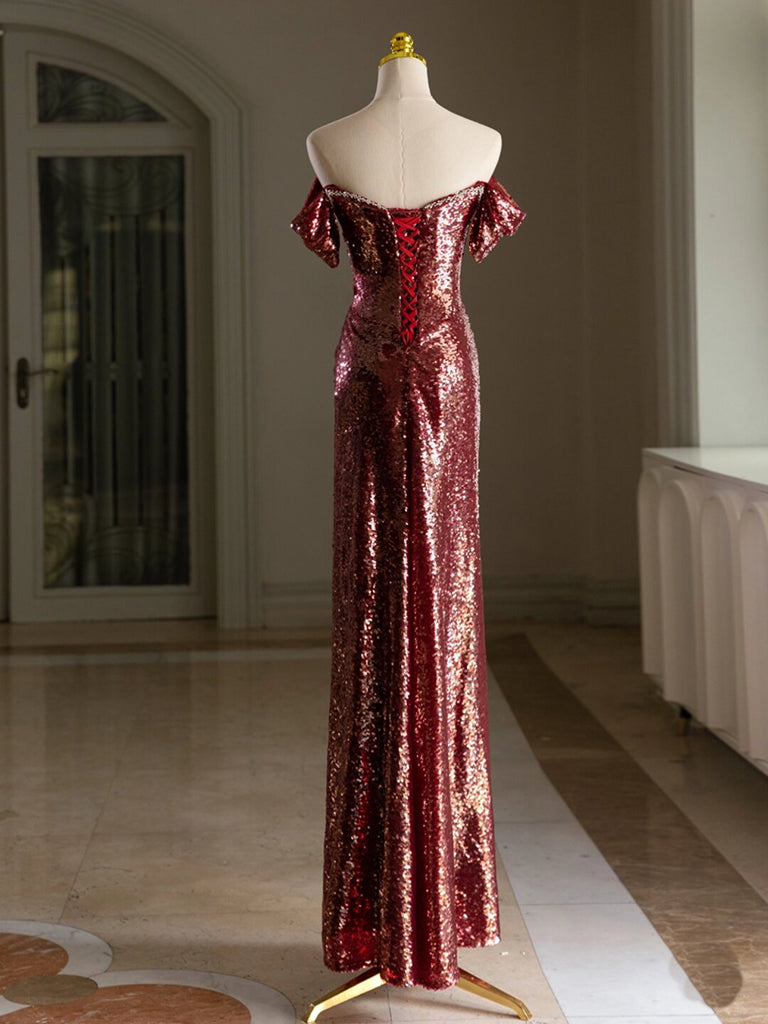 Sexy High Low Burgundy Sequin Long Prom Dresses Evening Gowns