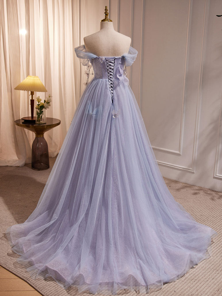Purple A-Line Tulle Long Prom Dress, Off Shoulder Purple Graduation Dress Purple A-Line Tulle Long Prom Dress, Off Shoulder Purple Graduation Dress