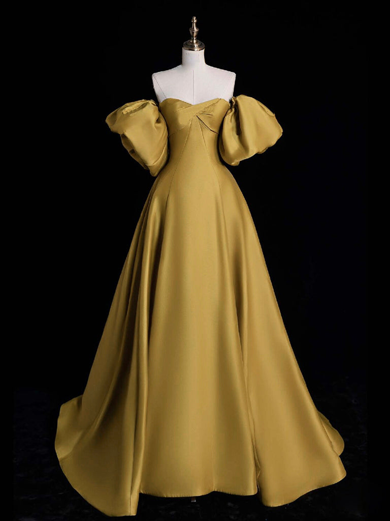 A-Line Sweetheart Neck Satin Gold Long Prom Dress, Gold Long Formal Dr –  toptby
