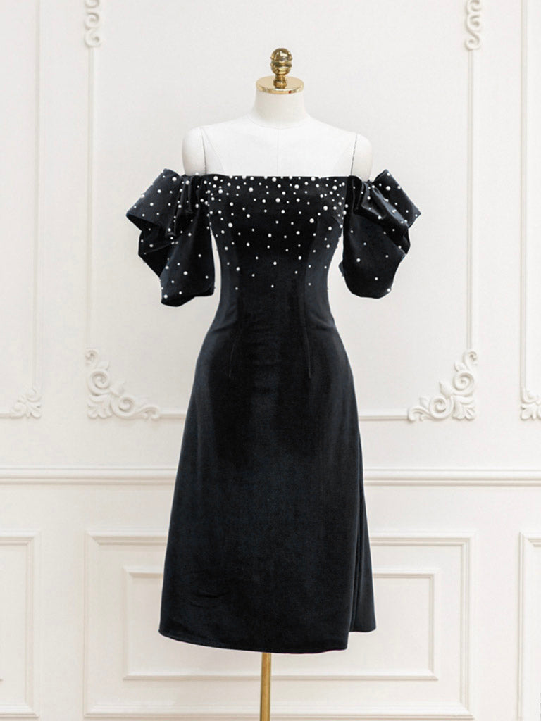 Black Velvet Beads Short Prom Dress, Black Evening Dress  toptby