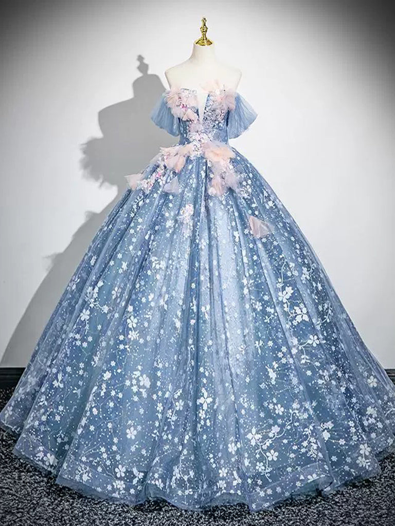 A-Line Off Shoulder Tulle Lace Gray Blue Long Prom Dress, Gray Blue Fo toptby A-Line Off Shoulder Tulle Lace Gray Blue Long Prom Dress, Gray Blue Fo toptby