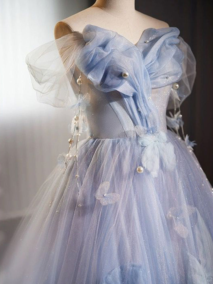 A-line Off Shoulder Tulle Flower Blue Long Prom Dress, Blue Long Formal Dress