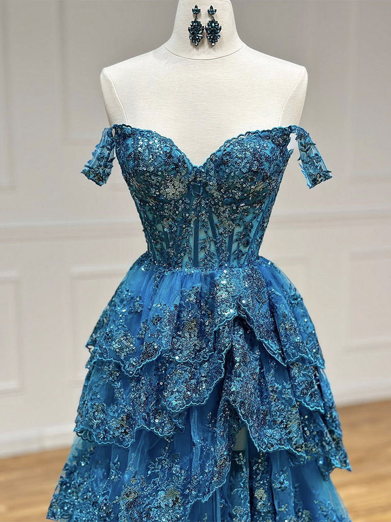 A-Line Off Shoulder Tulle Sequin Blue Long Prom Dress, Blue Sweet 16 Dress