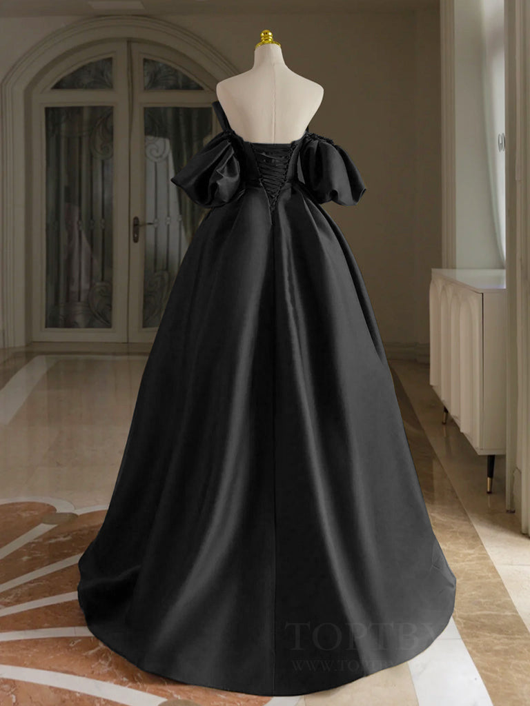 A-Line V Neck Puff Sleeves Satin Black Long Prom Dress, Black Long For   toptby