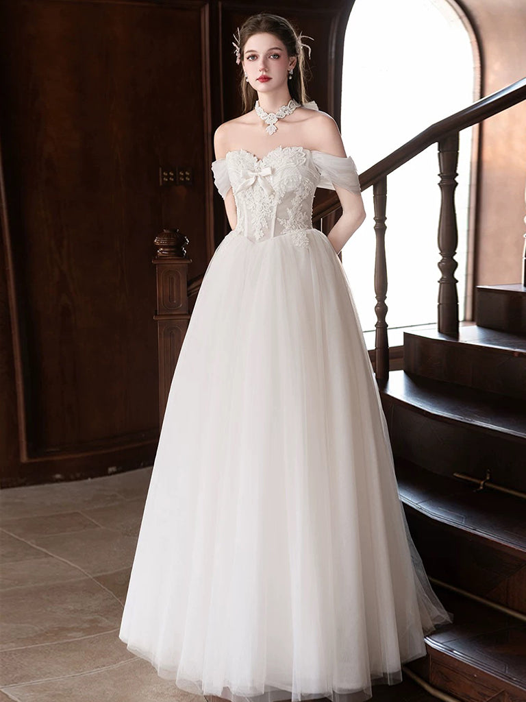 A-Line Sweetheart Neck Tulle Lace White Long Prom Dress  toptby