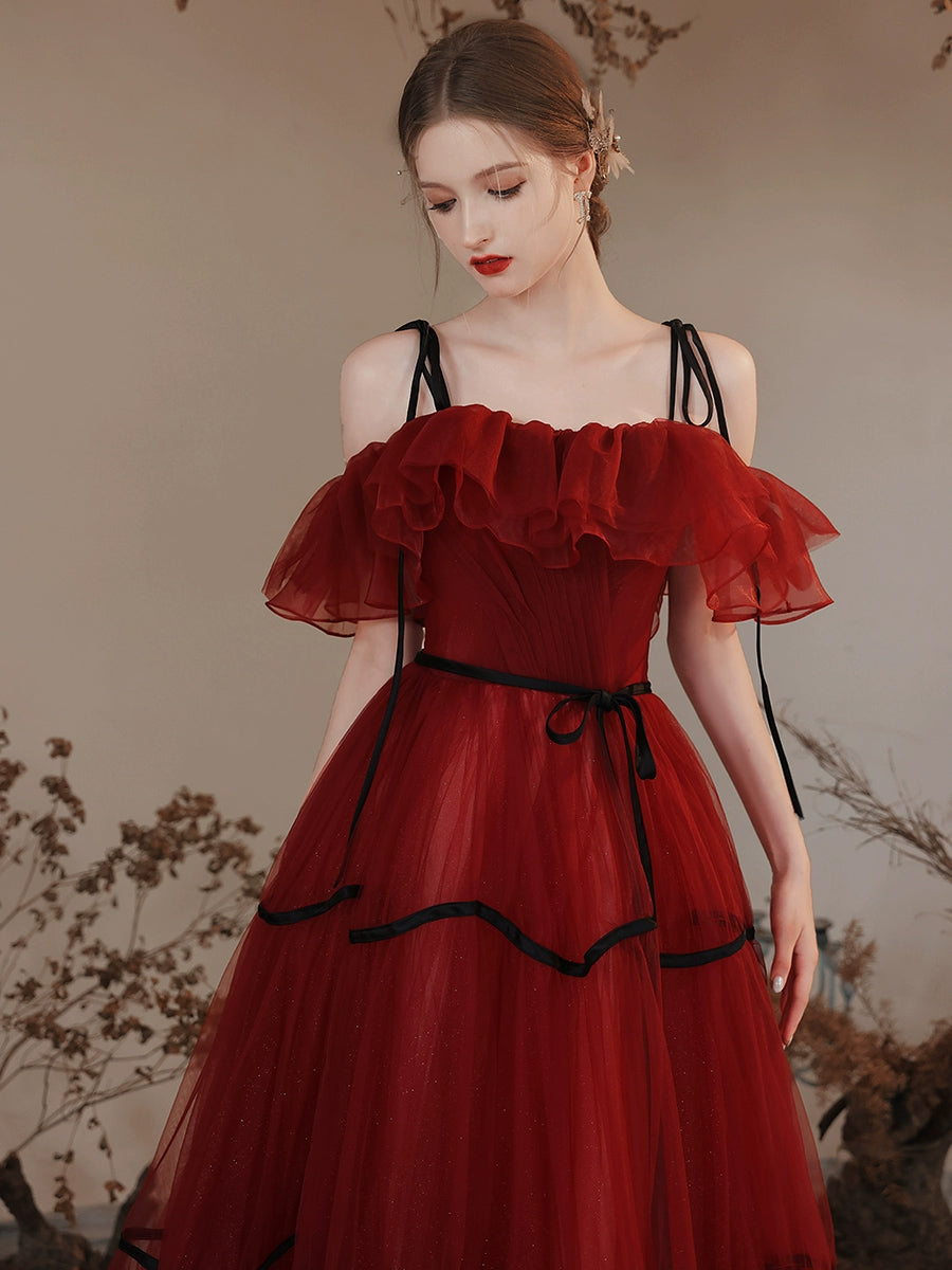 Burgundy Long A-line Tulle Lace Open Back Formal Prom Dress
