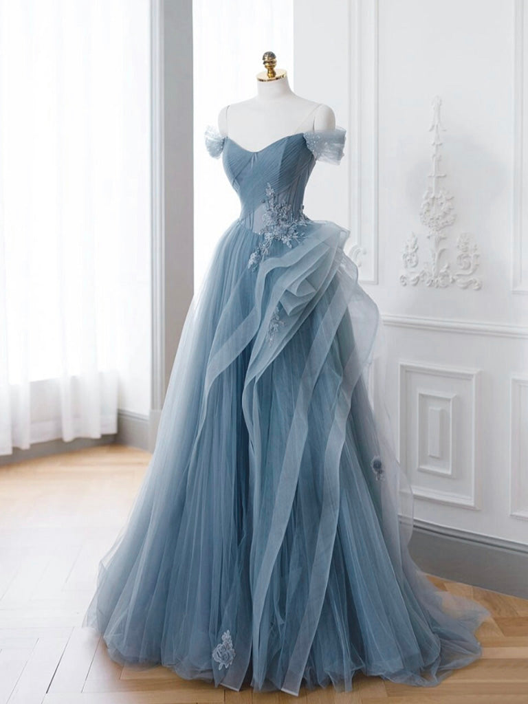 Gray Blue Tulle Lace Long Prom Dress, Gray Blue Formal Dress – toptby