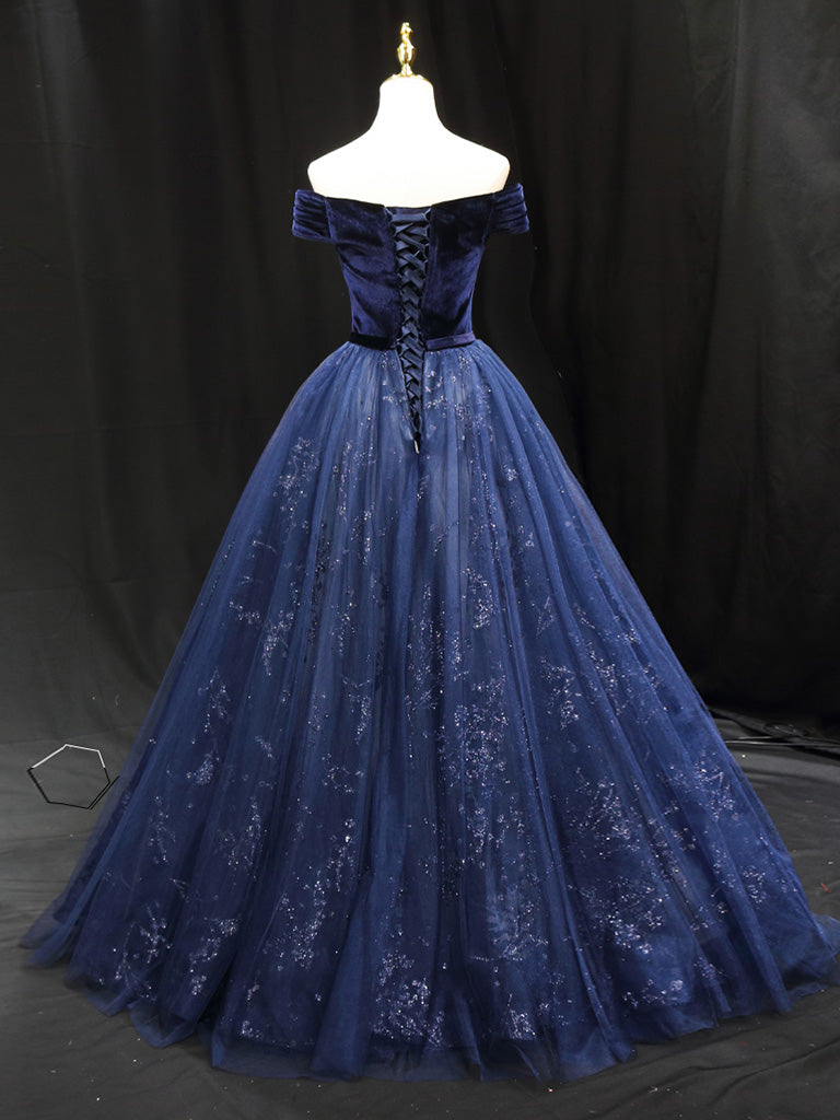 A-Line Blue Tulle velvet Long Prom Dress, Blue Formal Evening Dress – toptby