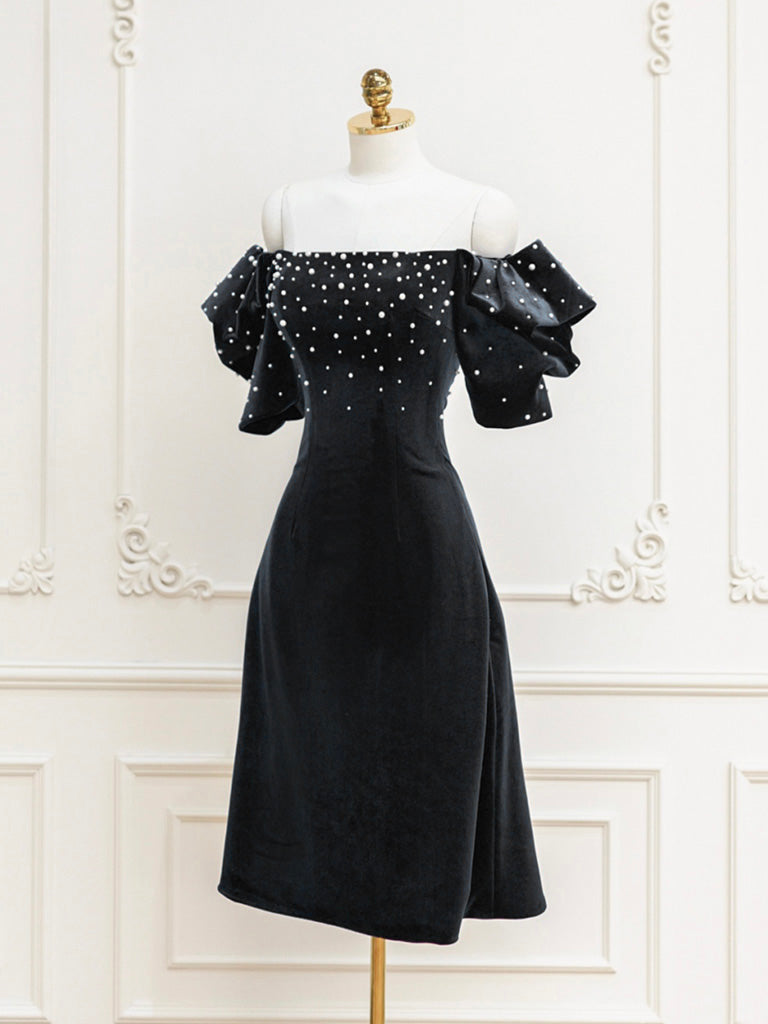 open lace back dress Black Velvet Beads Short Prom Dress, Black Evening Dress – toptby