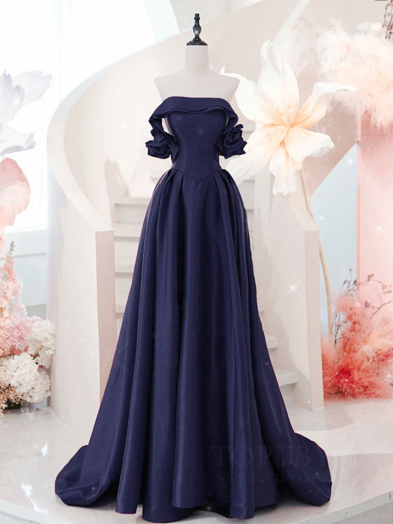 A-Line Off Shoulder Satin Dark Blue Long Prom Dress, Dark Blue Long Formal Dress A-Line Off Shoulder Satin Dark Blue Long Prom Dress, Dark Blue Long Formal Dress