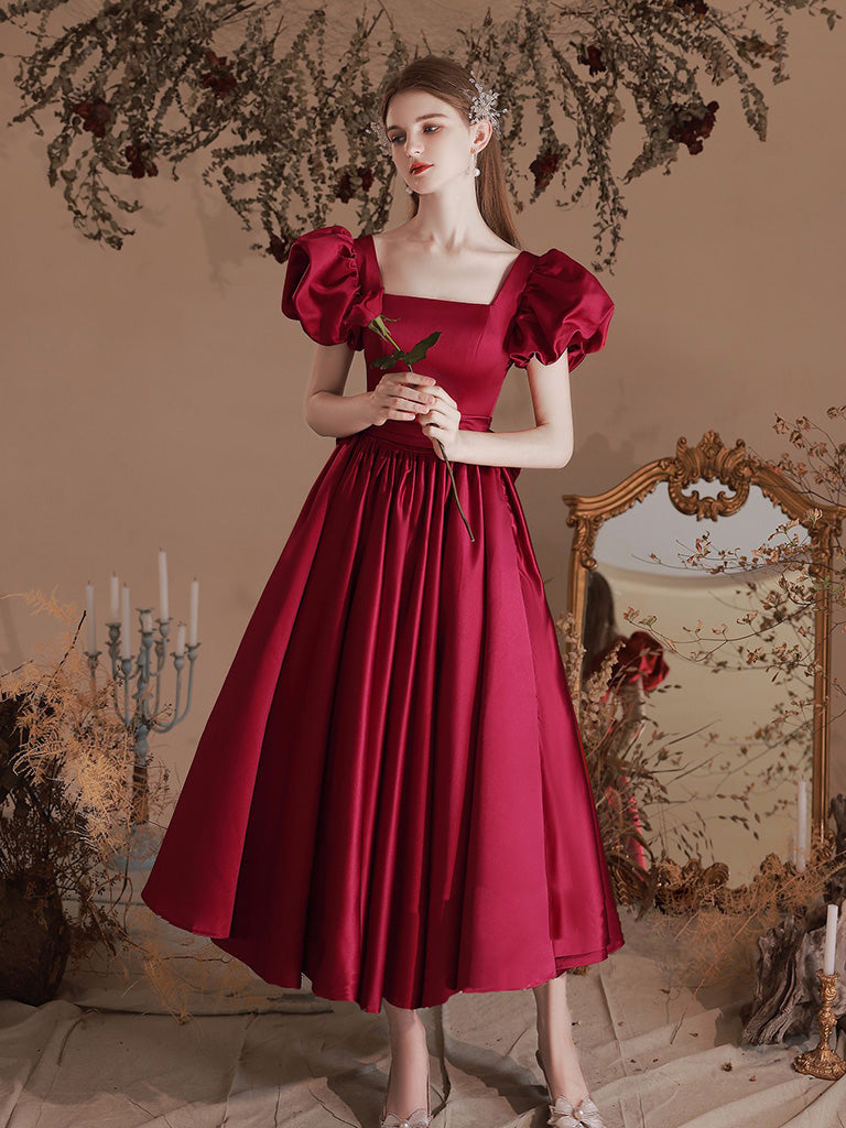A-Line Square Neckline Puff Sleeves Satin Burgundy Prom Dress, Tea Len toptby A-Line Square Neckline Puff Sleeves Satin Burgundy Prom Dress, Tea Len toptby