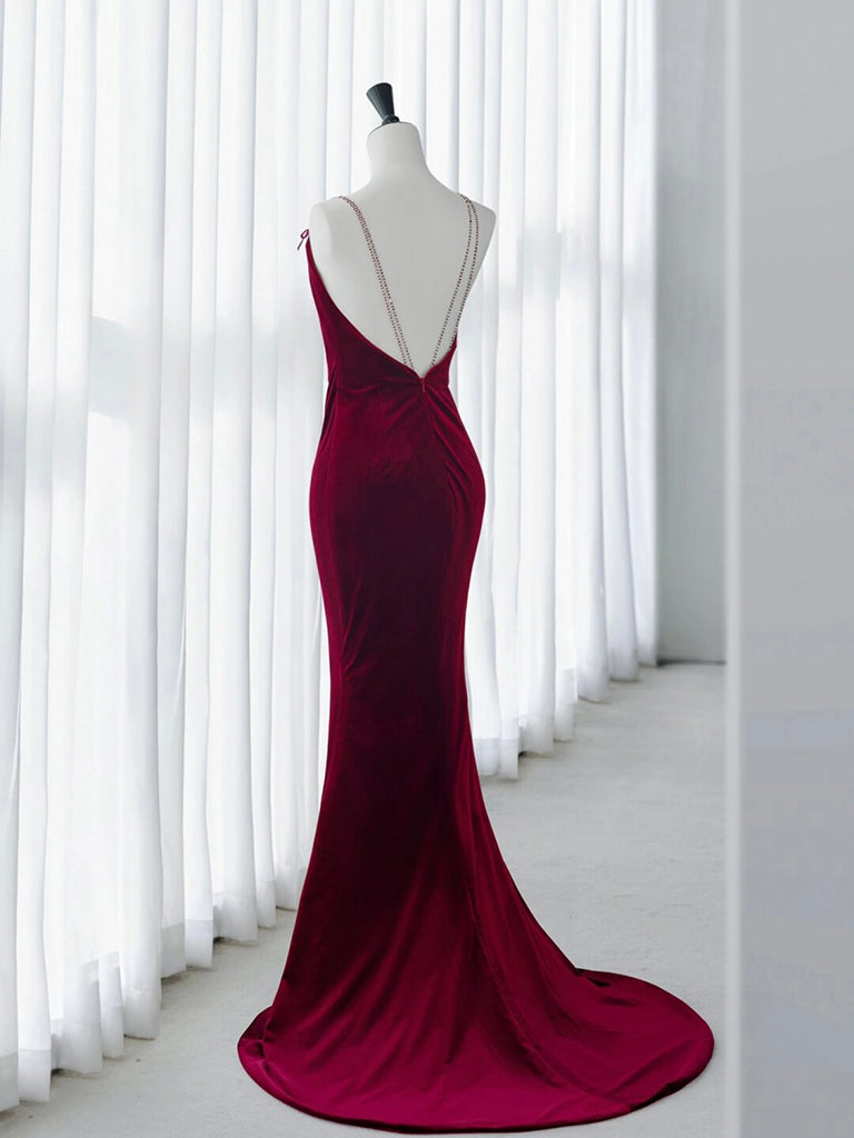 Burgundy V-Neck Velvet Long Prom Dress, Simple Mermaid Backless Evening Dress main image 0