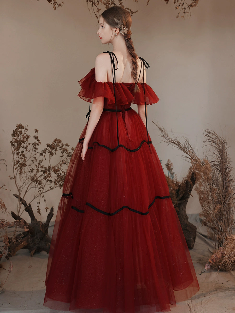 Burgundy Off the Shoulder Beaded Tulle Formal Long Prom Dress main image 0