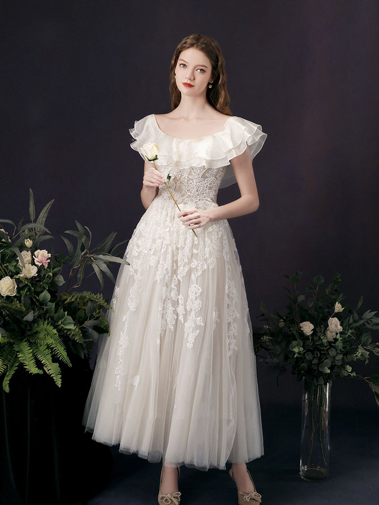 Light Champagne Tulle Lace Tea Length Prom Dress, Champagne Wedding Party Dress