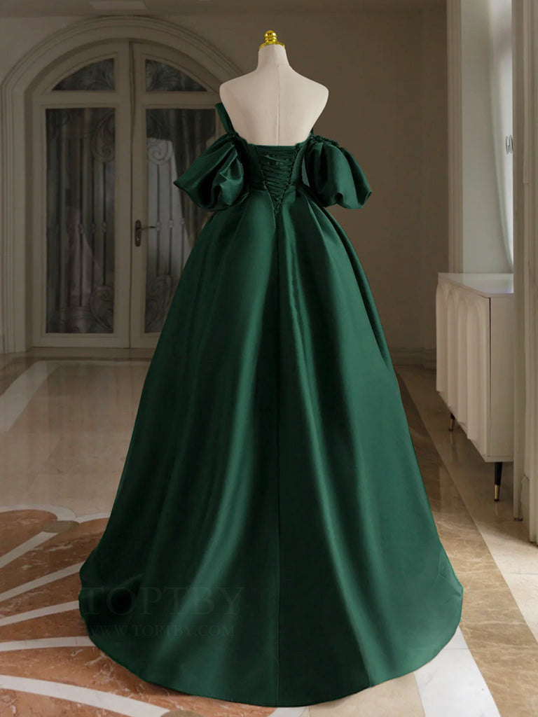 A-Line Off Shoulder Satin Green Long Prom Dress, Green Long Formal Dre