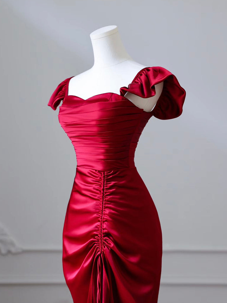 Elegant Burgundy Strapless Satin Pleated Ruffle Mermaid Evening Dress Long Prom Gown main image 0