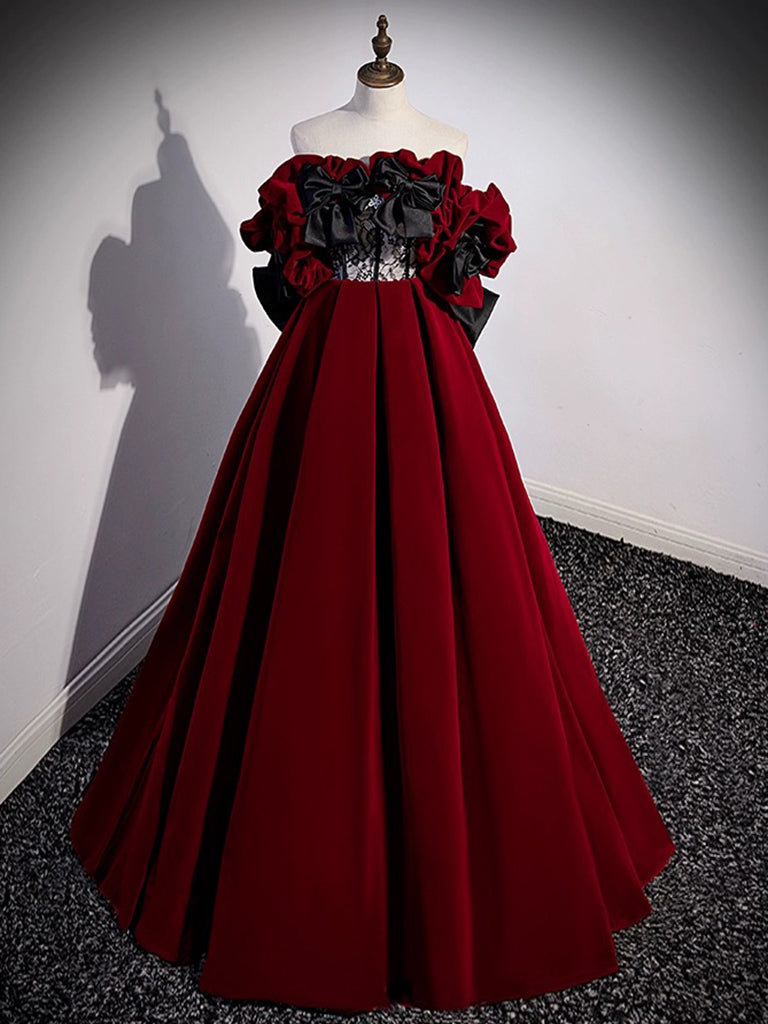 A-Line Off Shoulder Velvet Lace Burgundy Long Prom Dress